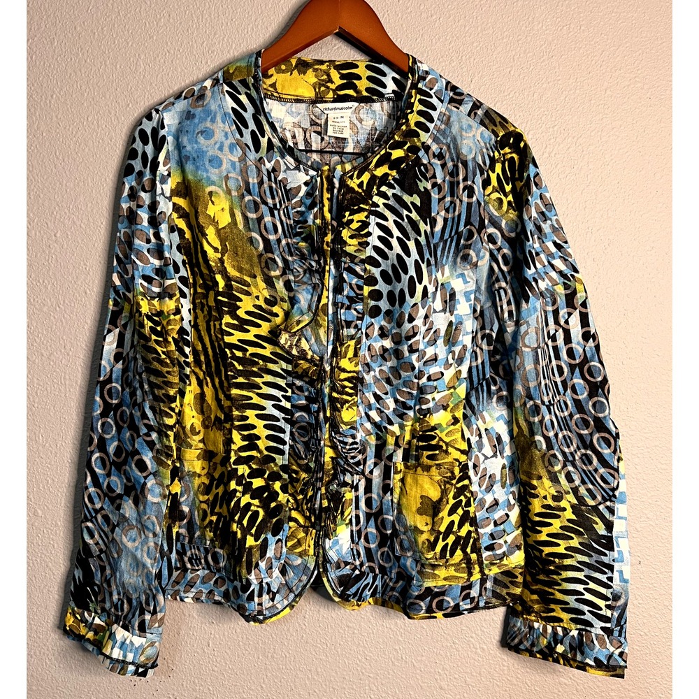 Richard Malcolm Linen Jacket Artsy‎ Abstract Print Ruffle Front Lightweight M